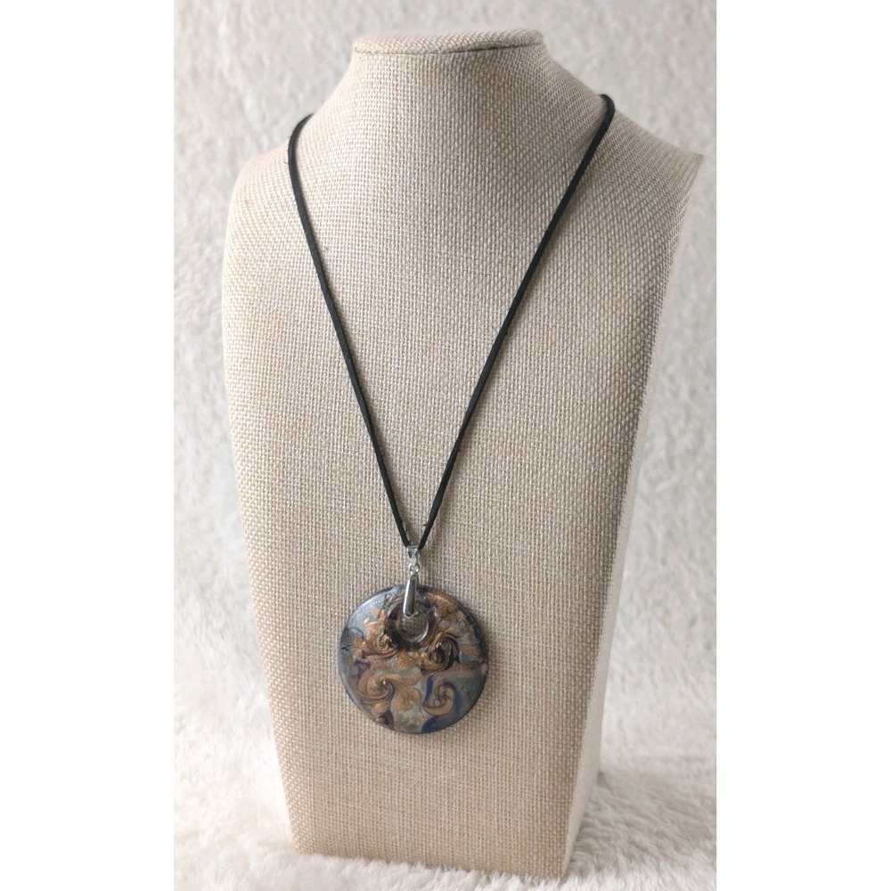 Art Glass Swirl Pendant Necklace Handmade‎ Boho Statement Black Cord